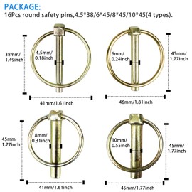 16Pcs Round Safety Pins Retaining Pins Heavy Duty Steel Hitch Clips Heavy Duty Lynch Pin Assortment Kit for Trailers, Tractors, Agricultural Vehicles