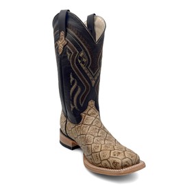 Men’s Leather Western Boot Pirarucu Fish Print Square Toe Mid Calf (12, Tan)