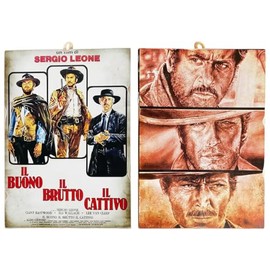 KUSTOM ART 2 Vintage Style Pictures Series Clint Eastwood Actor Clint Eastwood and Poster Film II Good, the Ugly, the Bad Print on Wood 25 x 18 cm