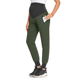 AMPOSH Women's Maternity Quick-Dry Pants Workout Scrub Joggers Pregnancy Sweatpants(Olive, L)