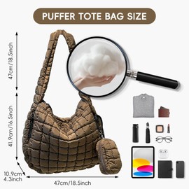Bagtopia Puffer Tote Bag for Women, Large Quilted Puffer Bag with Mini Pouch, Lightweight Puffy Quilted Hobo Bag, Soft Padded Shoulder Handbag, Puff Crossbody Purse for Work,Gym,Travel, Brown