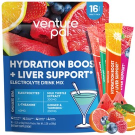 Venture Pal Hydration Packets + Liver Support- Liquid Daily IV Electrolyte Powder Packets with 7 Electrolytes & 5 Vitamins, Milk Thistle + L-Theanine | Sugar-Free | Keto Friendly | Vegan, 16 Sticks