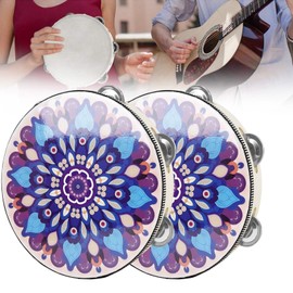 Wooden Tambourine Hand Held Drum Bells 2Pcs, 8 inch Hand Held Tambourine Drum for Church Party with Sheepskin Drumhead, Single Row Jingles Musical Percussion Instrument Educational Drum