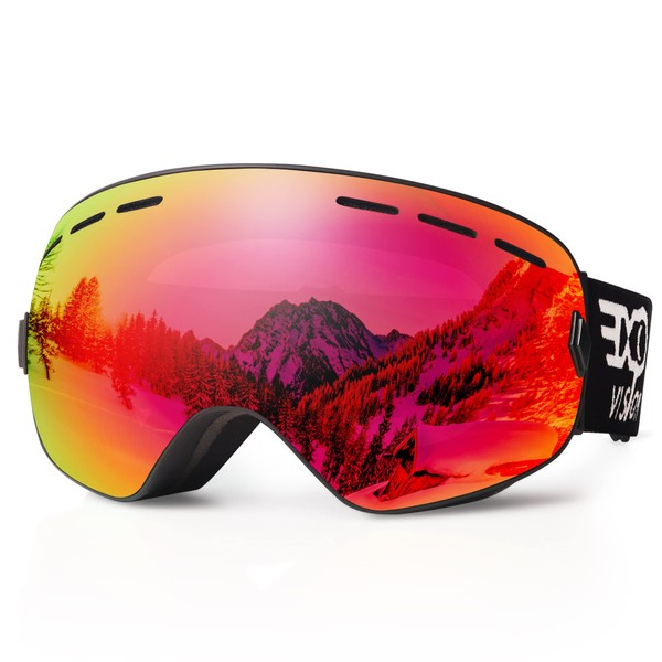 EXP VISION Snowboard Goggles - Ski Goggles for Men Women Youth - 100% UV400 Protection - Anti-Fog Over Glasses - Snow Goggles with Removable Spherical Lens (Red)