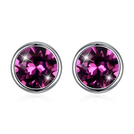 Hanie Silver Stud Earrings for Women, 925 Sterling Silver Crystal Studs Earrings, 8mm Purple Round Small Sleeper Earrings, Unisex Allergen-Free Jewellery for Women Men Girls Boys