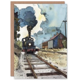 Artery8 Vintage Steam Train Station Arrival Watercolour Blank For Him Or Her Art Birthday Card