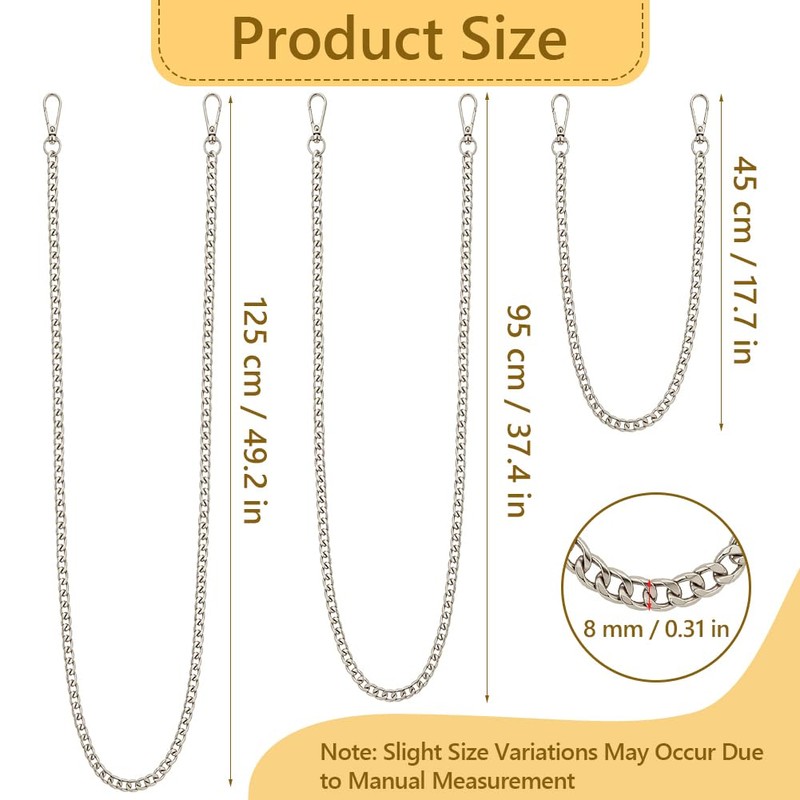 AOOSA 3 Pack Silver Bag Chains with Clasp Buckles (45cm+95cm+125cm)