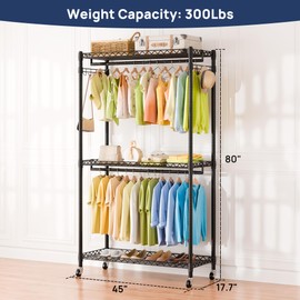 ENJOYBASICS Heavy Duty Metal Garment Rack, 3 Tires Rolling Clothes Rack with Lockable Wheels, Portable Clothes Racks for Hanging Clothes, Wardrobe Storage Rack with Double Rods and Side Hooks, Black
