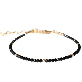 LKBEADS Schwarzer Turmalin, 2,5 mm, runde Form, facettierte Perlen, 17,8 cm, verstellbarer vergoldeter Verschluss, Armband für Männer und Frauen|LK_STACK_01299