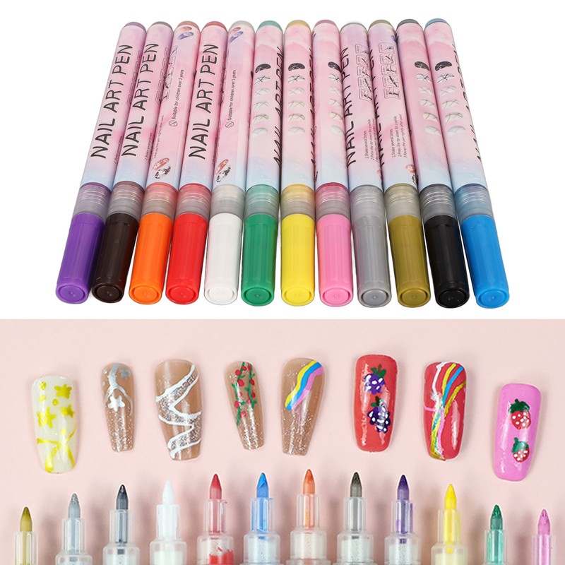12Pcs 3D Nail Polish Pens 0.5mm Tip Bright Colors Easy