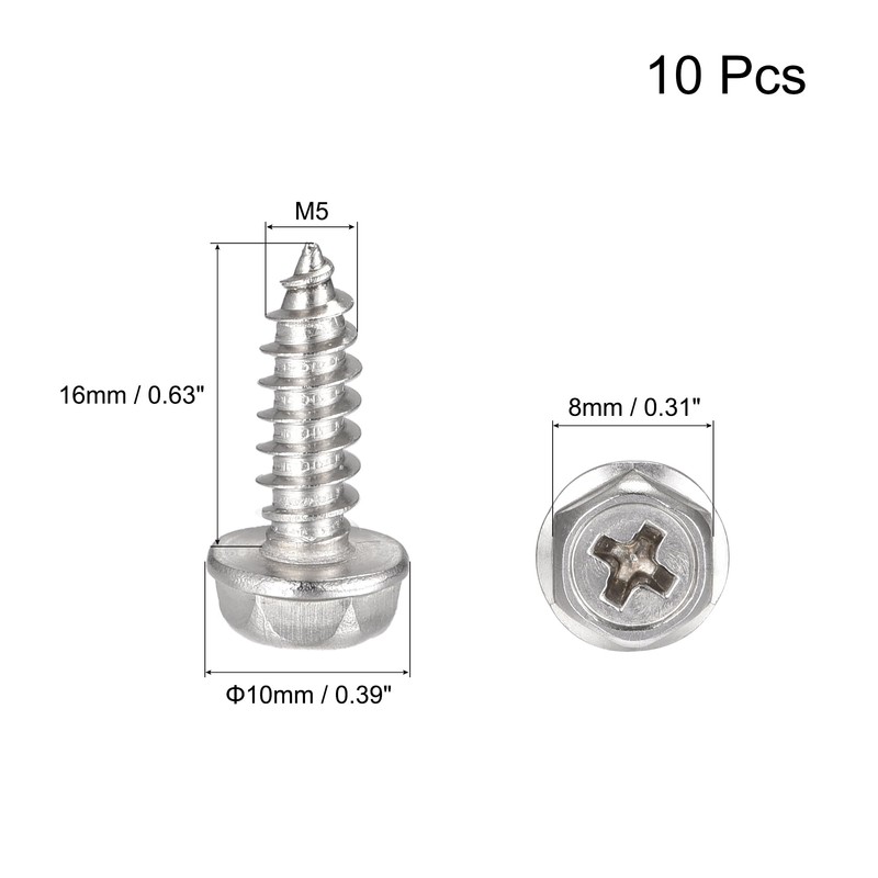 sourcing map Phillips Hex Washer Self Tapping Screws, M5 x