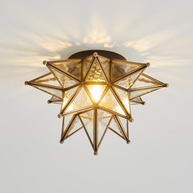 Moravian Brass Star Ceiling Light - 12.7 Inch Oil Rubbed Bronze Black Vintage Flush Mount Lighting Fixtures - Art Deco Moroccan Glass Fixture Lights for Hallway Kitchen Farmhouse Bedroom Entryway