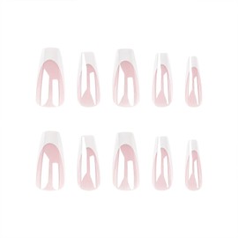 Medium Coffin Press on Nails White French Tip Fake Nails Chrome Design Acrylic Glue on Nails Coffin Nails Press ons Glossy False Nails Medium Artificial Stick on Nails for Women 24Pcs