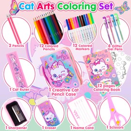 PinkSheep Marker Set with Glitter Cat Pencil Case & Stationery, Art Accessories, Colouring Kits for Children Aged 4-6-8, Birthday Gifts for Girls Aged 4 5 6 7 8 9 10 11 12