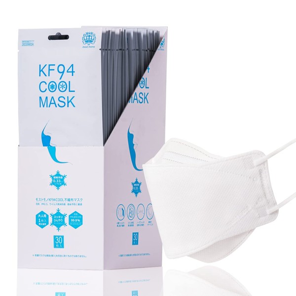 MOSTMONO KF94 Mask, 30 Masks, KF94COOL Cool Mask, Contact Cooling Mask, Yellow Sand Compatible, Splash Protection, Non-woven Fabric 4 Layer Structure, Inspected in Japan, BFE.PFE.VFE Tested, Individually Packaged, Made in Korea, Genuine Product, Adult (W