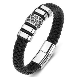 AIZU Braided Leather Wrap Bracelet - Black Genuine Woven Leather Bracelet with Magnetic Clasp for Men's Wristband - Mens bracelets Leather and Steel Ornaments in Silver Color