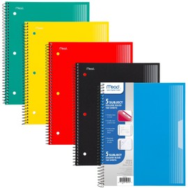 Mead Spiral Notebooks, 5 Pack, 5 Subject, College Ruled Paper, Plastic Cover, 8-1/2" x 11", 160 Sheets, Black, Red, Blue, Green and Yellow (820316A-ECM)