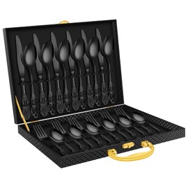30PCS Black Silverware Set, Ollex Retro Royal Flatware Set for 6 with Case, Food-Grade Stainless Steel Utensil Set Mirror Polished Include Knives Forks Spoons Tableware Cutlery Set,Dishwasher Safe