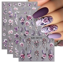 JMEOWIO 3D Embossed Flower Nail Art Stickers Decals Self-Adhesive 5D Spring Summer Floral Nail Supplies Nail Art Design Decoration Accessories 4 Sheets