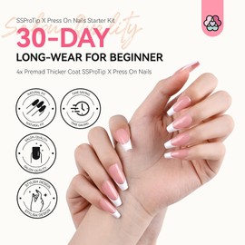 SAVILAND PRESS ON NAIL MEDIUM - BEST 6 FIT & NATURAL SOFT GEL FRENCH TIP Nails, Almond Glue with Nail Glue, Reusable Sticks 15 Size 31 Fake Kit, White Swirl 019