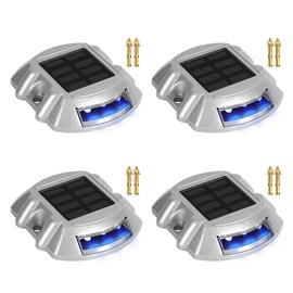 CREMANT Solar Pathway Driveway Lights 4-Pack LED Dock/Deck Lights Bright Blue with Screw Wireless IP68 Waterproof Outdoor Warning Step Lights for Garden Walkway Sidewalk Yard
