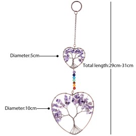 Nupuyai Amethyst Double Love Heart Crystal Tree of Life Hanging Ornament, Reiki Healing Stones Home Window Good Luck Wedding Decor
