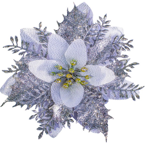 12 PCS Siver Glitter Poinsettias Artificial Christmas Flowers, 5.5 inches,