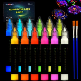 FansArriche Glow in the Dark Paint Markers, 12 Colors x 20 ml 3D Waterproof Acrylic Paint Markers, Glow in the Dark Paint Pens, Neon Fabric Paint Markers for Clothes, Canvas, Glasses