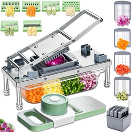 Picador de verduras de acero inoxidable, picador de verduras con 10 cuchillas, cebolla con recipiente, cortador de alimentos y rallador de mandolina