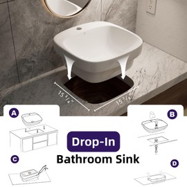 17″L x 17″D Drop-In Bathroom Sink with Included Pop-Up Drain, Los Flexi White Semi-recessed Bathroom Sink for Vanity, Modern Square Vessel Sink, One Faucet Hole, Above Counter Basin for Small Bathroom