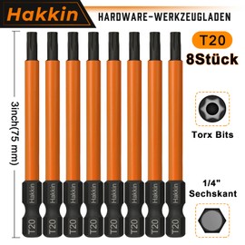 Hakkin 8-Piece T20 Torx Screwdriver Bits Set, 75 mm Long 1/4 Inch Magnetic Screwdriver, S2 Steel Impact Wrench, Drill Bit Set for T-Profile Screws, Hammer Drill, Cordless Screwdriver