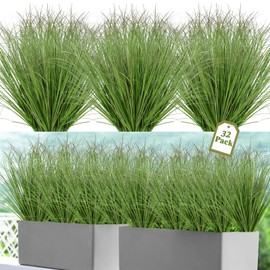 UXORSN 32 Bundles Artificial Plants Onion Grass Outdoor 20 Inch Tall Fake Shrubs Wheat Grass UV Resistant Greenery Stems Faux Bushes Plant for Indoor Outdoor Garden Office Home Decor, Green