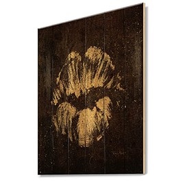 DesignQ Gold Fashions Lips Traditional Wood Wall Decor, Gold Wood Wall Art, Large Fashion Wood Wall Panels Printed On Natural Pine Wood Art