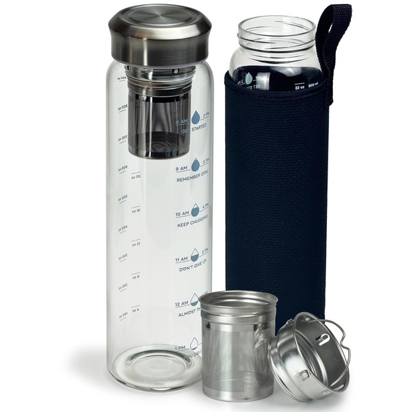 Xaeiglas Motivational Glass Water Bottle 32 oz Borosilicate with Neoprene