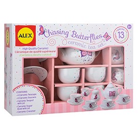 Alex Chasing Butterflies Ceramic Kids Tea Set, 13 Piece,Includes 4 teacups, 4 saucers, tea pot with lid, sugar bowl with lid and creamer