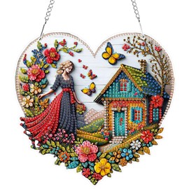 RICUVED 5D House Diamond Painting Pendant, Girls Diamond Painting Pendant Kits for Children Adults, Special Shaped Diamond Painting Pendant, DIY Diamond Art Hanging Ornament Set