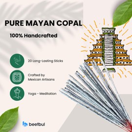 Beetbul Incienso de Copal Blanco Maya (20 Varitas), Elaboradas a Mano por Artesanos Mexicanos, Duraderas, para Yoga y Meditación