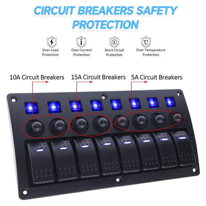 8 Gang Marine Switch Panel, Boat Rocker Switch Panel Waterproof,