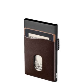 i-Fuel Kreditkartenetui, RFID-Blockierung, schlanker Metall-Pop-Up-Kartenhalter mit Front-Ledertasche, Geldbörse für Herren, hält 5 Karten, 2 Farboptionen, dunkelbraun, Minimalistisch