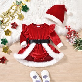 FYMNSI Newborn Infant Baby Girl Christmas Dress Toddlers Kids Santa Claus Costume Xmas Party Fancy Dress Up Long Sleeve Velvet Dress with Hat Set Fall Winter Clothes Photo Props Red 3-6 Months