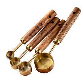 Gold Measuring Cups and Spoons Set of 4, Golden Stainless Steel Measuring Cups with Wooden Handles brass Measuring Spoons Set for Baking Supplies