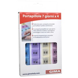 GIMA - Portapillole Settimanale 7 Giorni x 4, Mattina, Pomeriggio, Sera, Pre-Letto, Lingua Italiano, 4 Colori Trasparenti, Rosa, Giallo, Lilla e Azzurro, Compatto e Portatile.