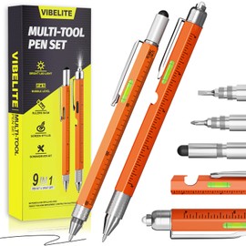 VIBELITE 11 in 1 Multitool Pen Set with LED, Stylus, Level, Screwdriver, Flathead, Stocking Stuffers for Men, Teen Boys, Gadgets for Dad, Christmas Gifts for Men, Him, Husband, Father, Orange, 2 Pack