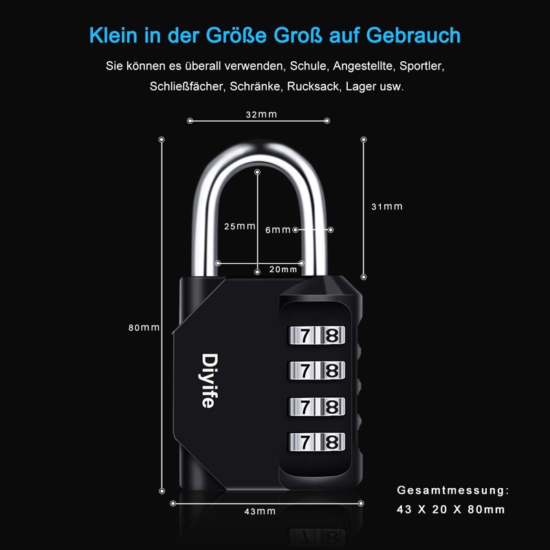 Diyife Combination Lock, High Performance Lock, 4-Digit Resettable, Waterproof Padlock