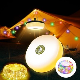 Camping String Lights Outdoor, 32.8ft Multi-Functional RGBW LED Camp Lights with 8 Modes, Waterproof IP44 Rechargeable Portable Hanging Lamps for Hiking Tenting Patio Party Christmas Decorations