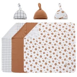 Baby Newborn Swaddle and Hat Set 3 Pack 100% Cotton Knitted Muslin Baby Blankets 35" x 35" Baby Receiving Blankets Stroller Soft Unisex Newborn Swaddle Wrap for Girls and Boys (Dark Brown+Lion+Grid)