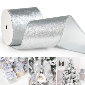 DINDOSAL Silver Glitter Wired Ribbon 4" x 10 Yards Sparkling Silver Christmas Tree Ribbon for Bows Making, Wreaths and Garlands, Home Decor, Gift Wrapping, Swag, Front Porch, Mailbox