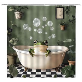WUASDCS Funny Frog Shower Curtain Cute Animal in Bathtub Bubbles Hilarious Tropical Green Plant Vintage Wildlife Bathroom Decor Polyester Fabric Curtains with Hook 70Wx70H Inches