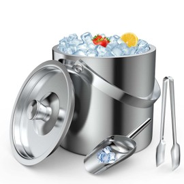 Ice Bucket 3L with Lid,Scoop,Tongs, Double Wall Insulated Stainless Steel Ice Bucket Wine Bucket for Cocktail Bar and Parties