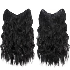 24 Inch Wire in Hair Extension Hidden Invisible Adjustable Wire Hair One Piece Wavy Curly Long Synthetic Hairpieces for Women Natural Heat Temperature Fiber Colour-Black